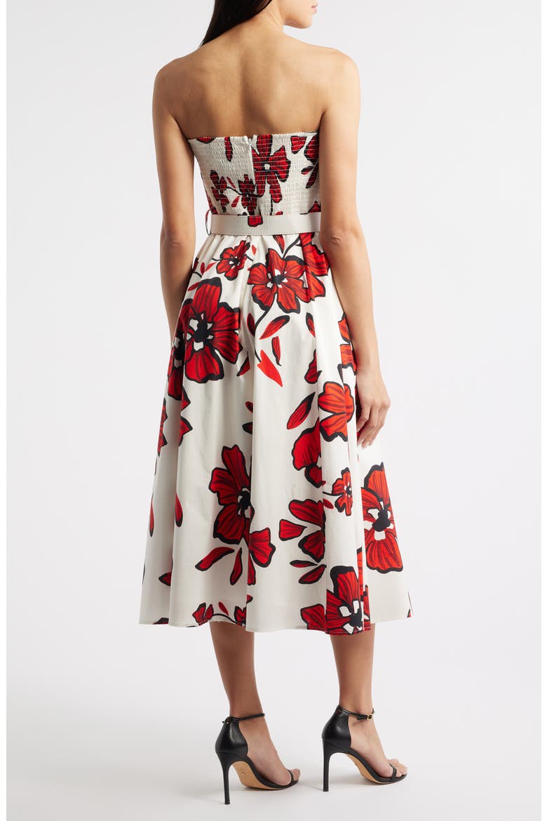 Strapless Belted Stretch Cotton Dress, Alternate, color, RED/ WHITE