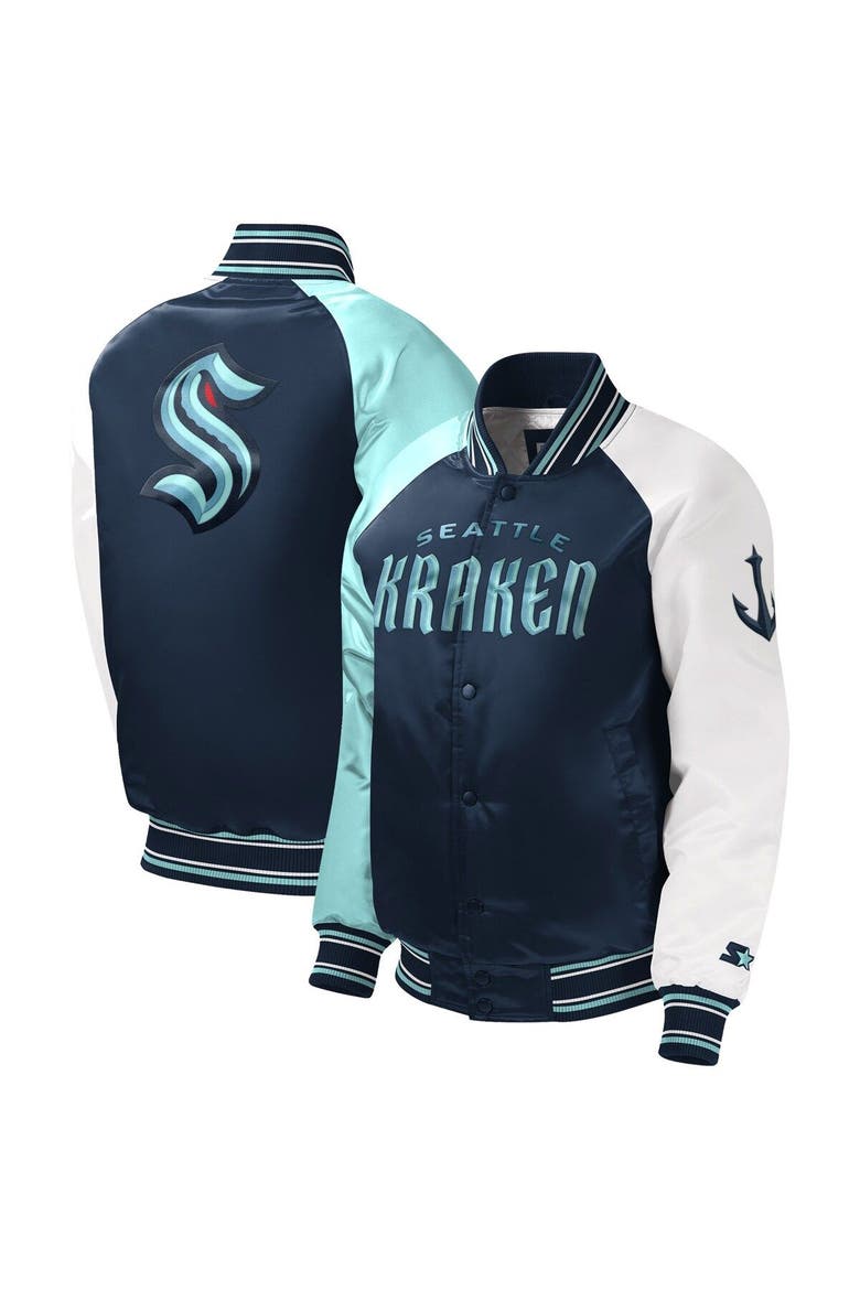 Youth Starter Deep Sea Blue Seattle Kraken Raglan Full-Snap Varsity Jacket, Main, color, Navy
