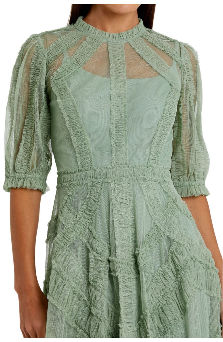 Mac Duggal High Neck Puff Sleeve Ruffle Tiered Dress, Alternate, color, Jade