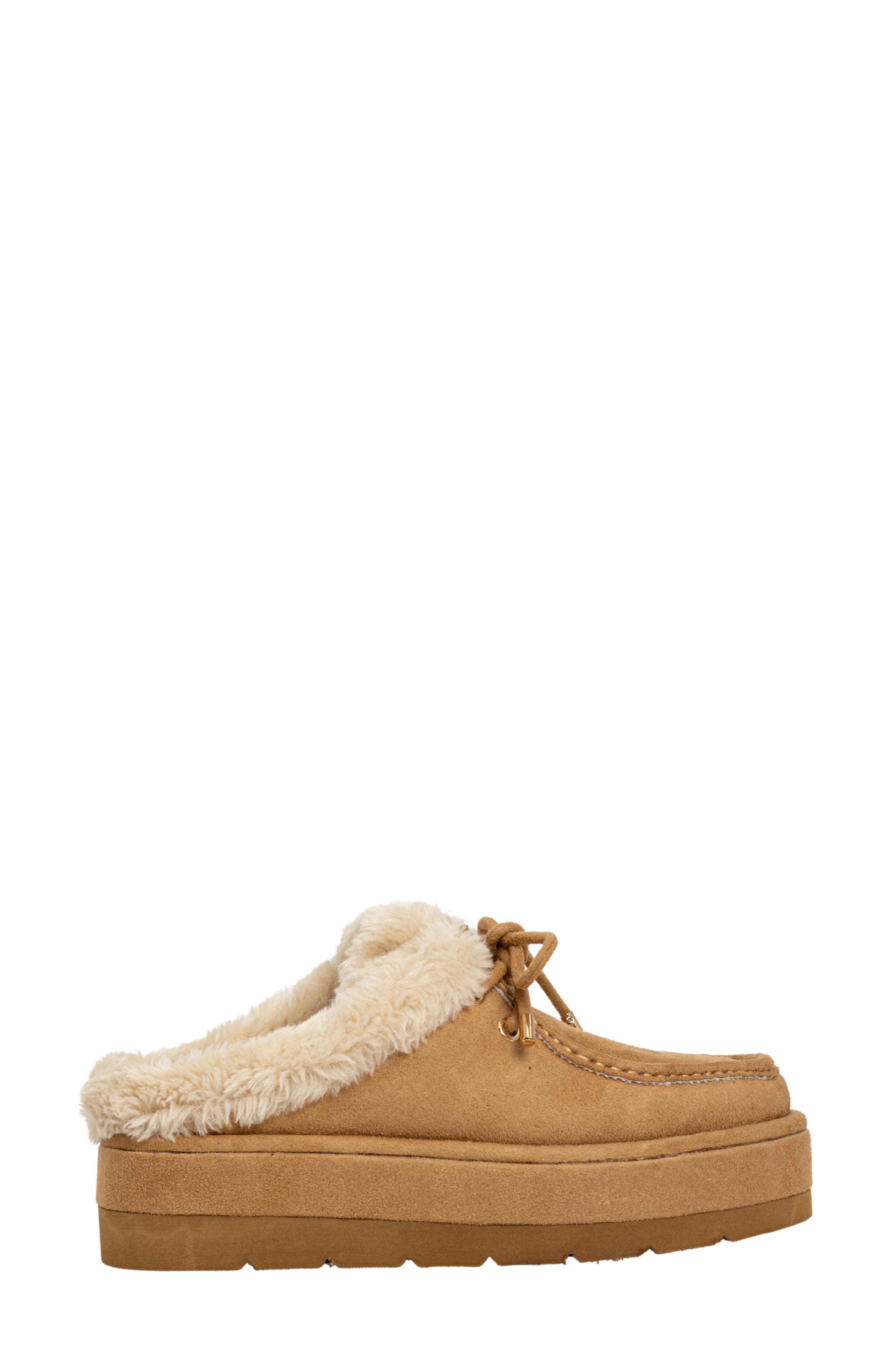 SHUSHOP Tulsa Faux Fur Platform Slipper, Alternate, color, Camel Suede