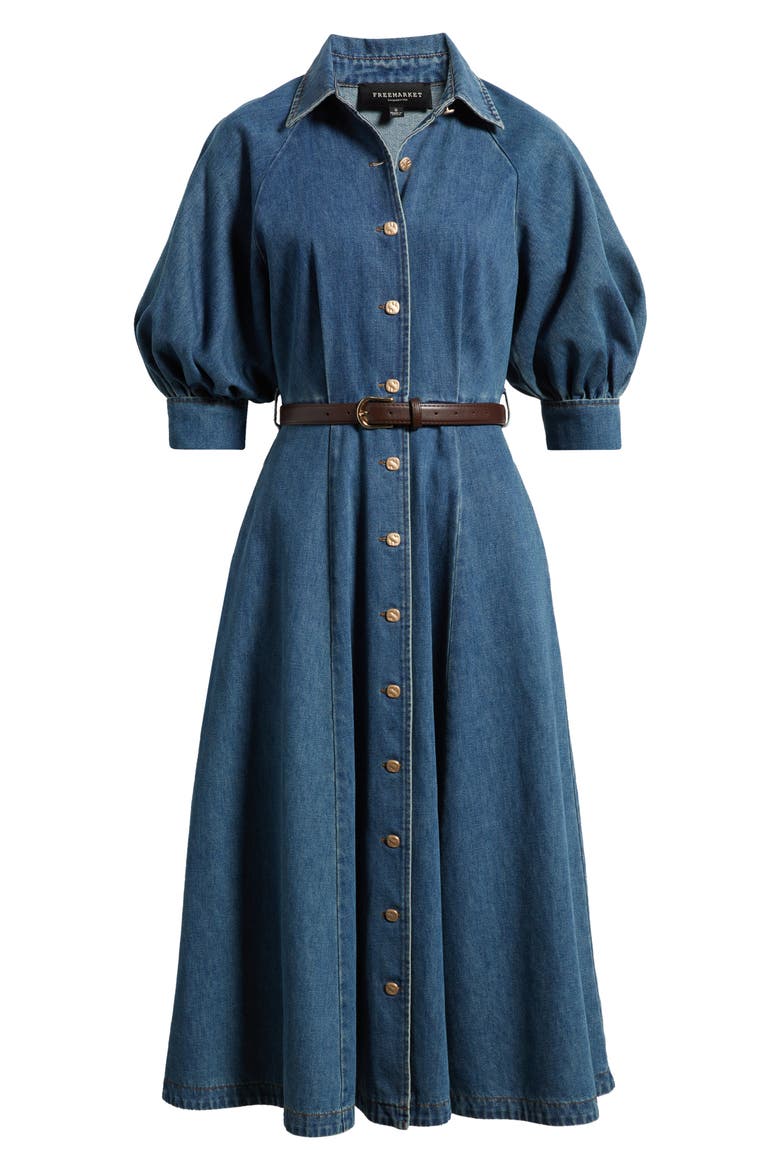Puff Sleeve Denim Midi Shirtdress, Alternate, color, DENIM BLUE