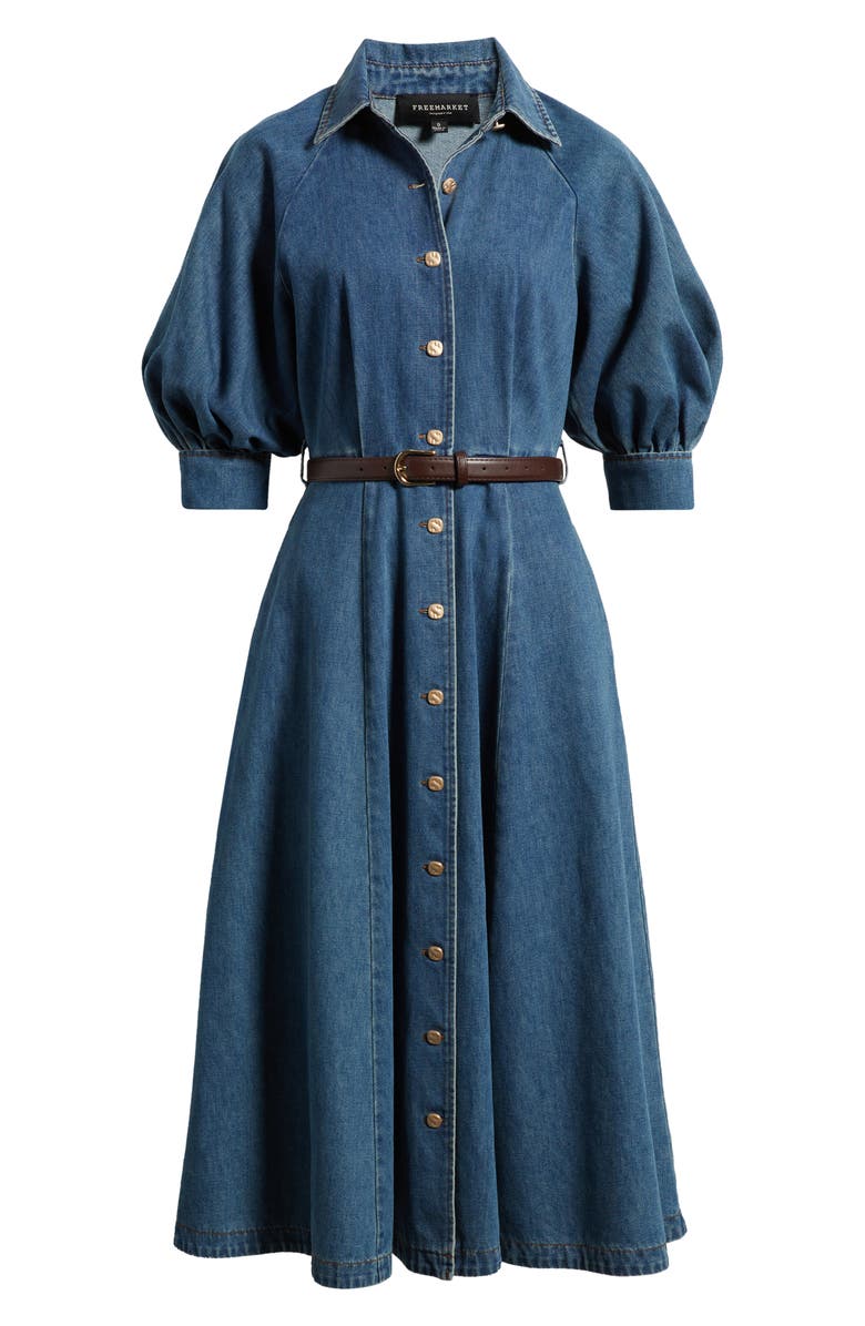 FREEMARKET Puff Sleeve Denim Midi Shirtdress, Alternate, color, Denim Blue