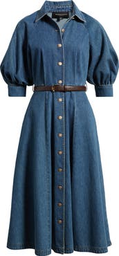 FREEMARKET Puff Sleeve Denim Midi Shirtdress