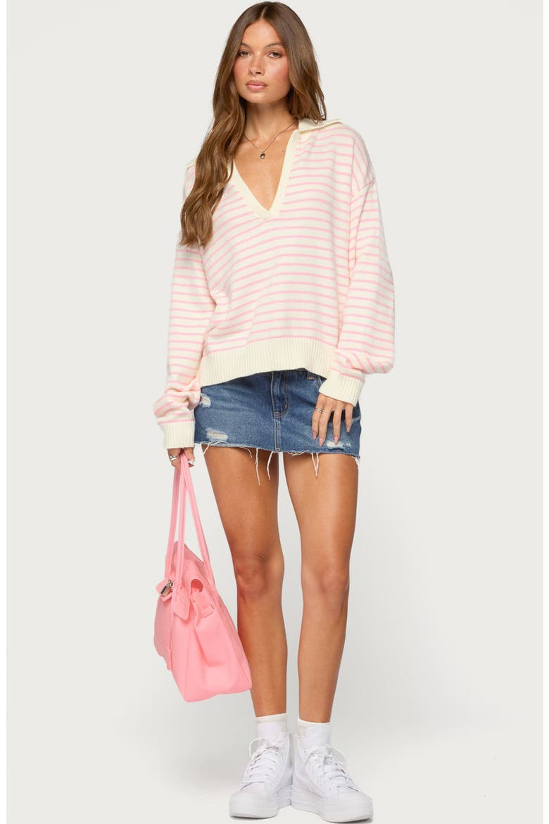 Copenhagen Oversized Striped V-Neck Sweater, Alternate, color, CREAM-AND-PINK