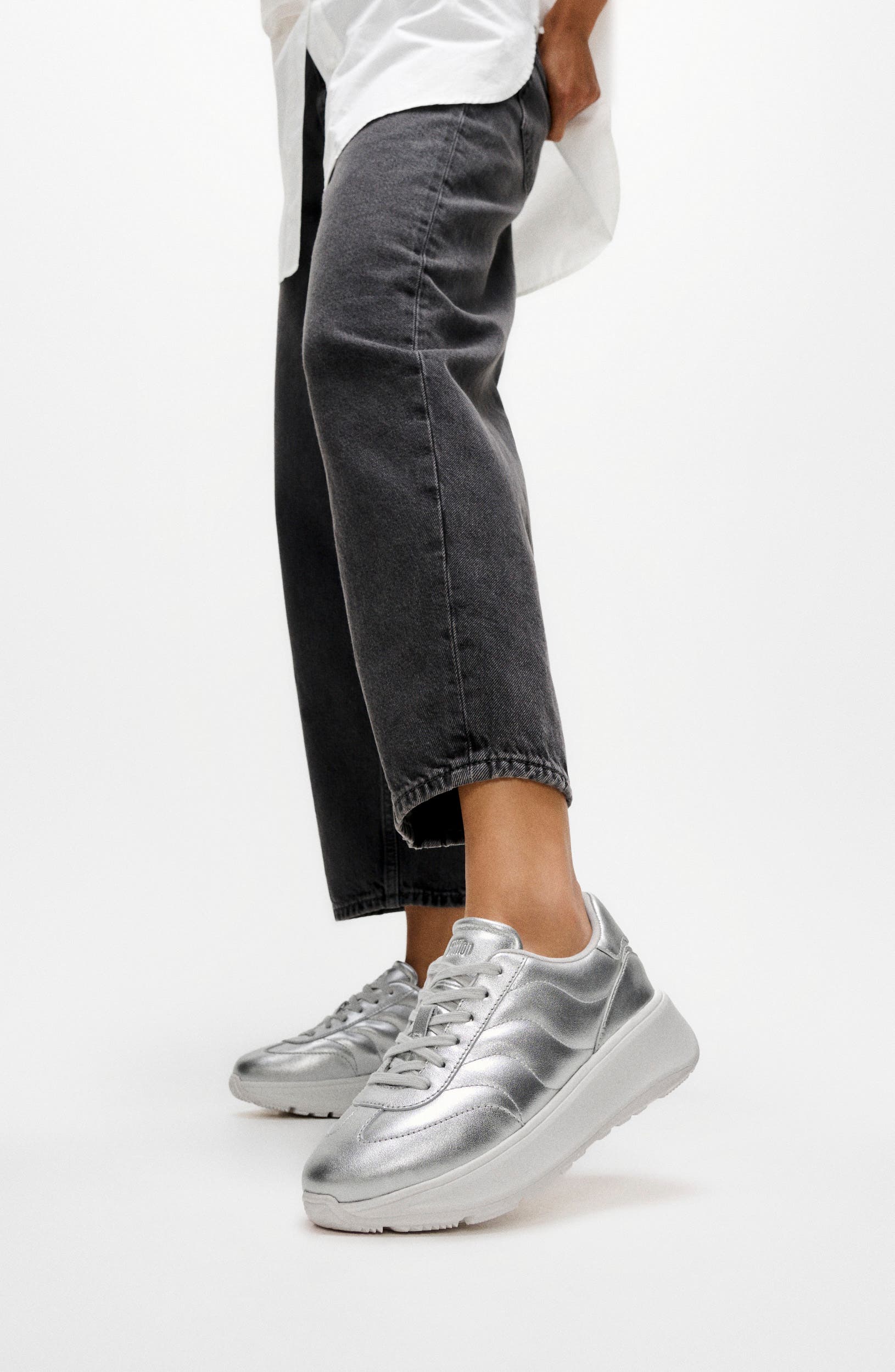 F-Mode T-Toe Wave Metallic Leather Platform Sneaker, Alternate, color, SILVER