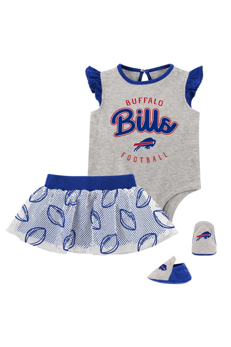 Girls Infant Heather Gray/Royal Buffalo Bills All Dolled Up Three-Piece Bodysuit, Skirt & Booties Set, Main, color, Heather Gray