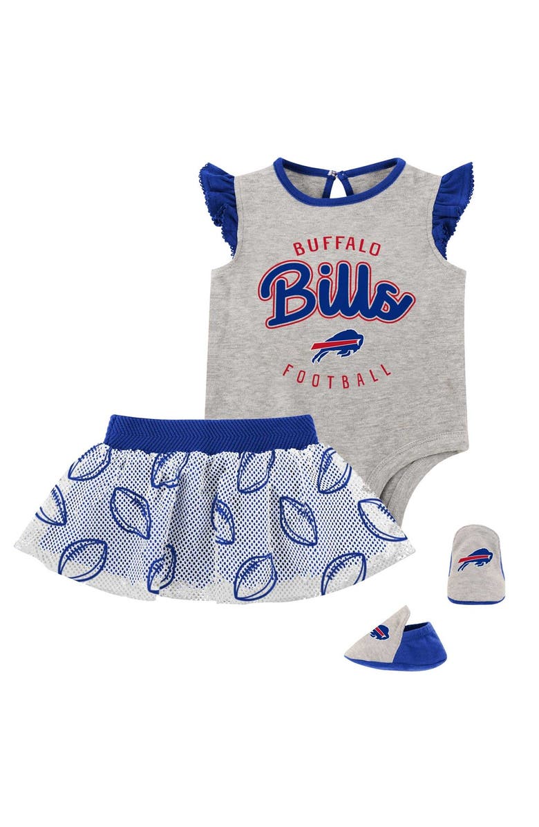 Outerstuff Girls Infant Heather Gray/Royal Buffalo Bills All Dolled Up Three-Piece Bodysuit, Skirt & Booties Set, Main, color, Heather Gray