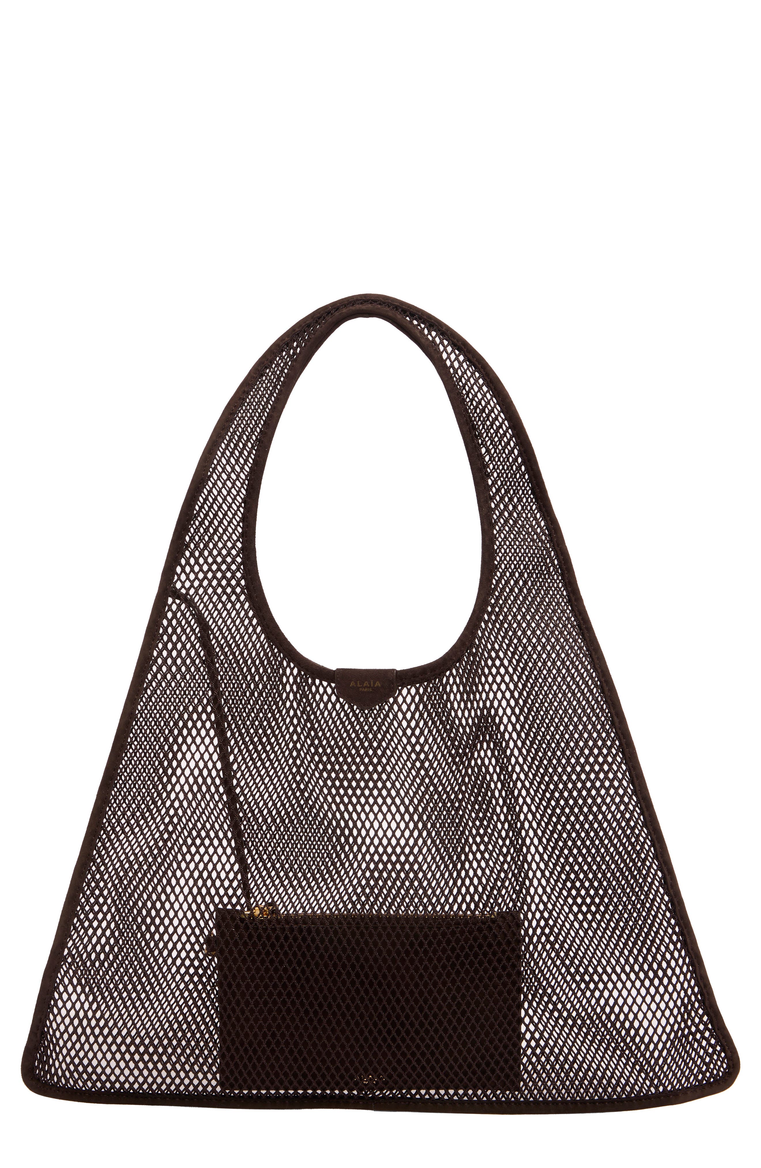 One-Piece Mesh & Suede Shoulder Bag, Main, color, BRUN FONCE 733