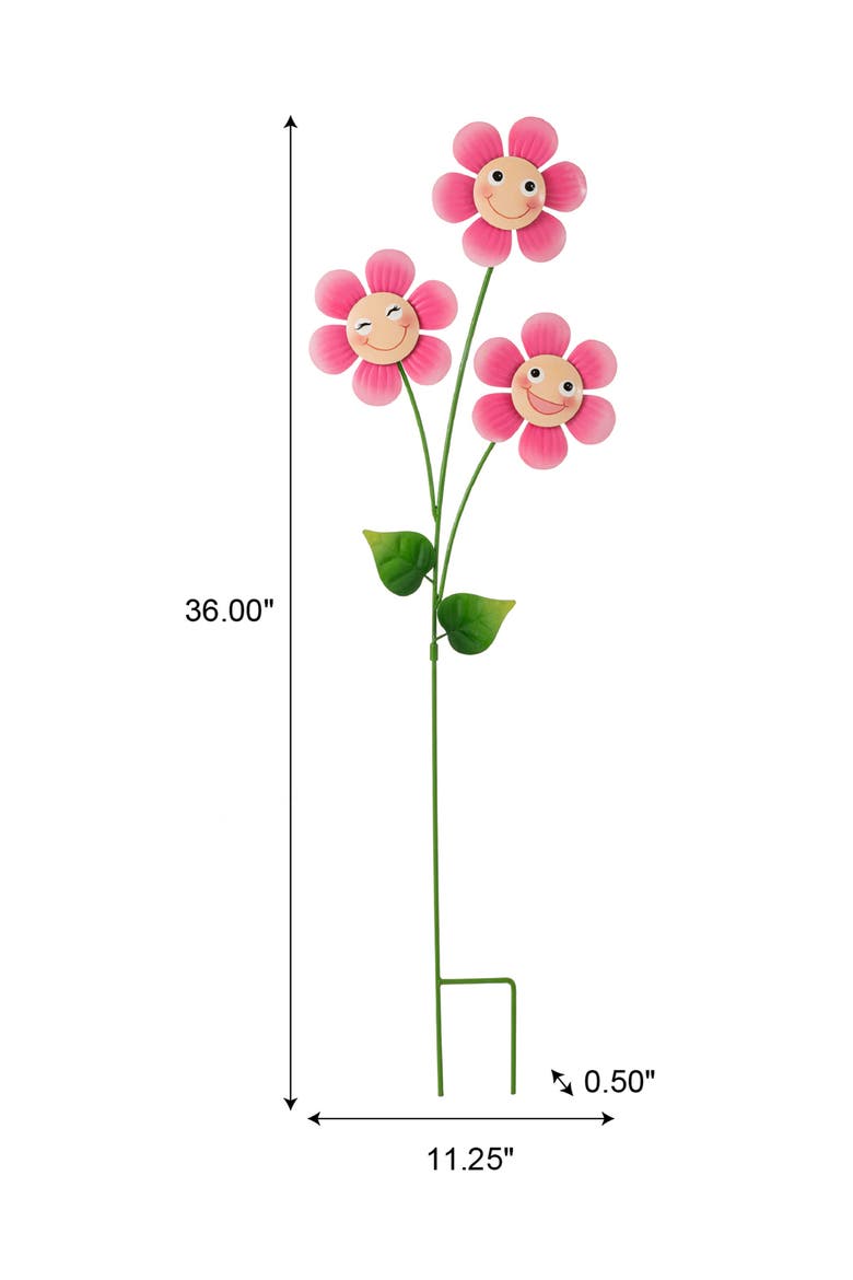 36"H Garden Metal Triple Happy Face Flower Yardstake or Wall Decor, Alternate, color, Pink