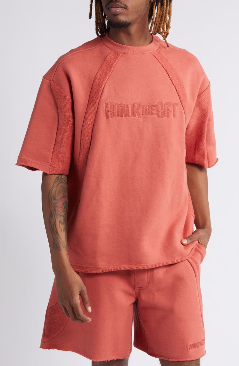 HONOR THE GIFT Panel Terry Short Sleeve Sweatshirt, Main, color, Brick
