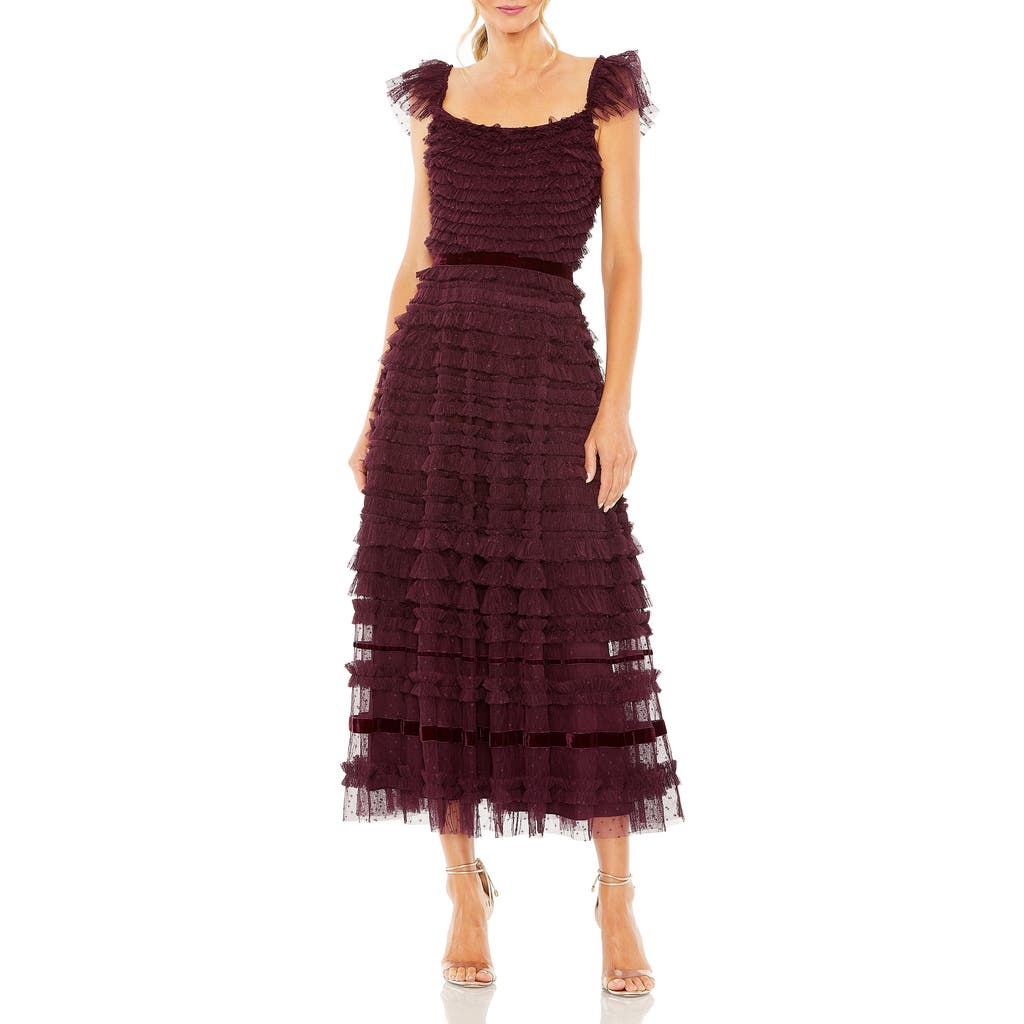 Mac Duggal Ruffle Cap Sleeve Embellished Tiered Midi Dress In Amethyst