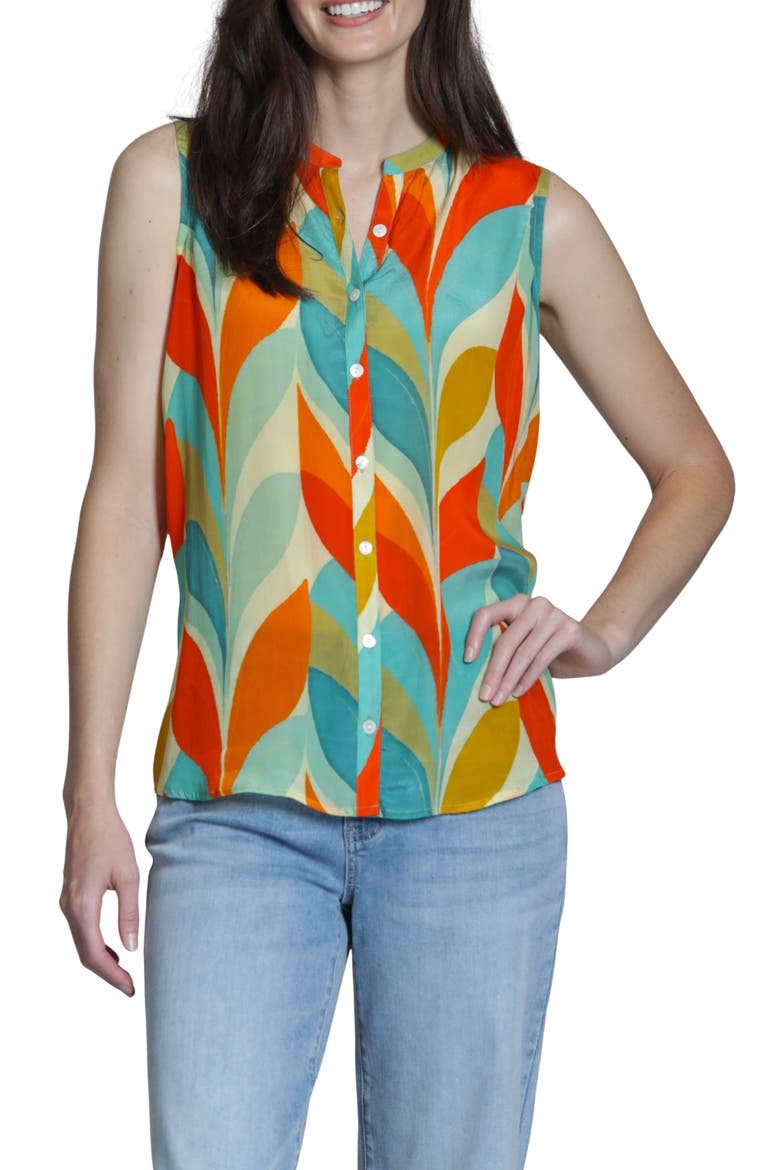 Sleeveless Button-Up Shirt, Main, color, TURQUOISE MULTI