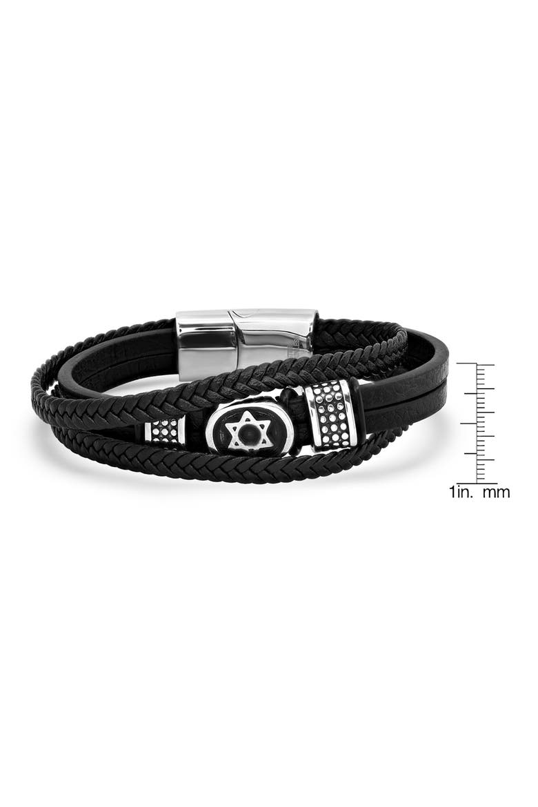 Men's Stainless Steel Star of David Layered Leather Bracelet, Alternate, color, BLACK-METALLIC