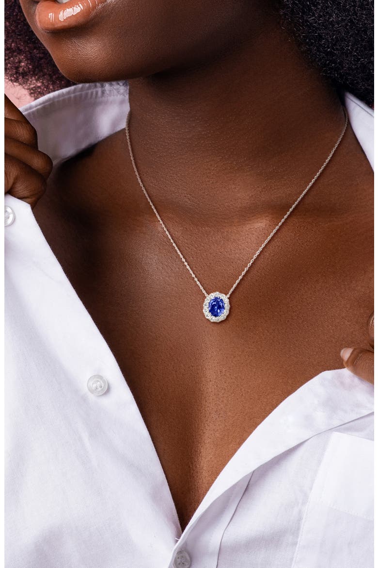 Halo Oval Cut Lab Created Blue Sapphire Stud Earrings & Pendant Necklace Set, Alternate, color, BLUE