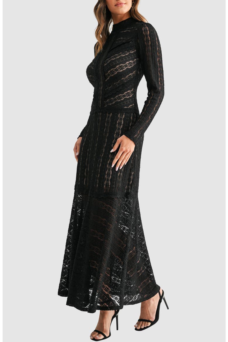 Lace Chevron Stripe Long Sleeve Maxi Dress, Alternate, color, BLACK