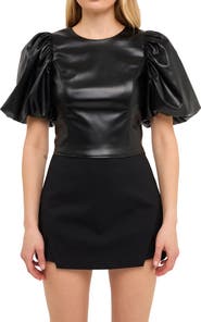 Endless Rose Puff Sleeve Faux Leather Crop Top