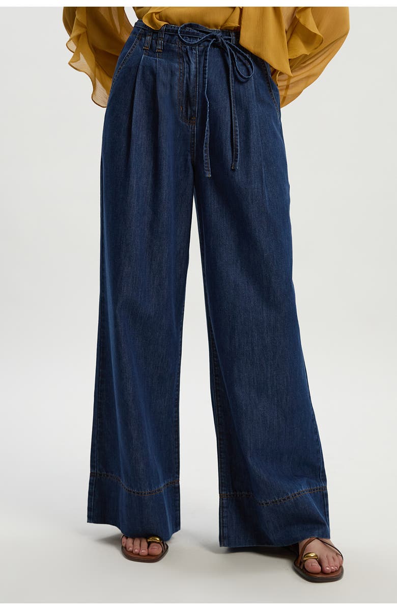 Karen Millen Denim Wide Legged Pants, Main, color, Mid Blue