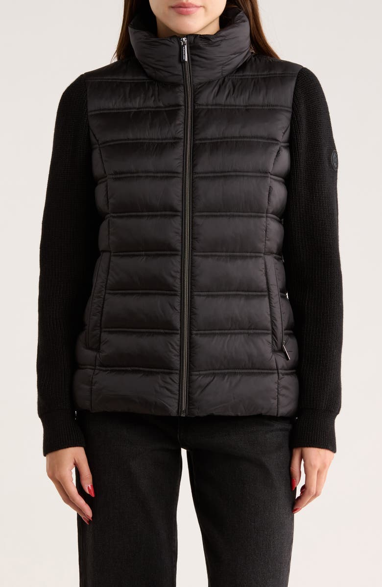 Michael Kors Knit Sleeve Puffer Jacket, Main, color, Black