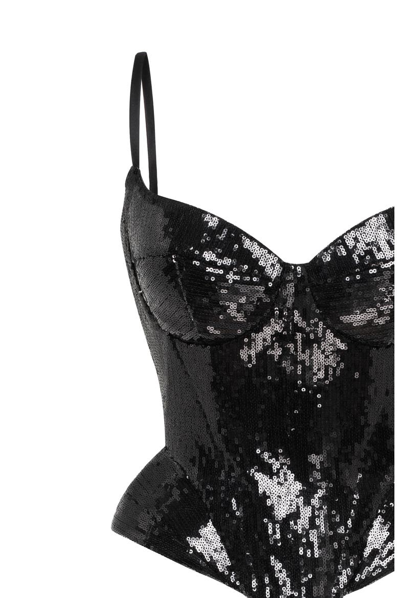 Fitted Hourglass Spaghetti Strap Sequined Corset for Cocktail Events, Alternate, color, Black