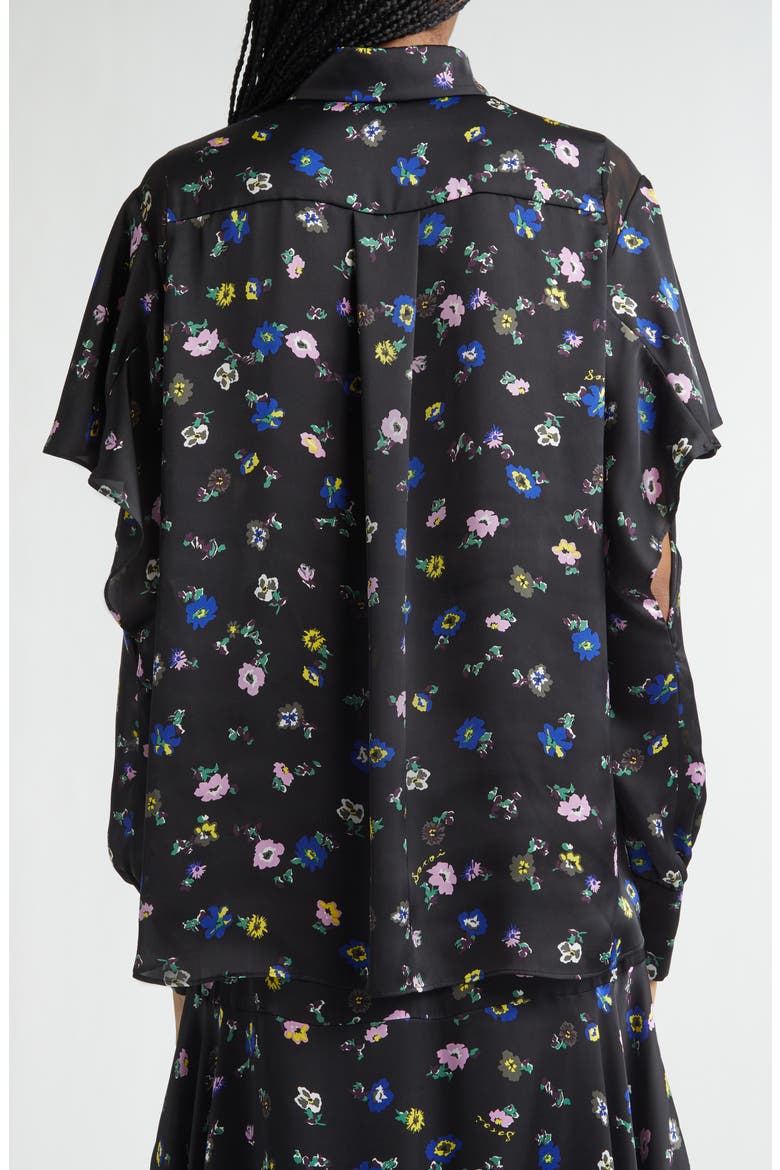 Floral Print Ruffle Button-Up Shirt, Alternate, color, BLACK