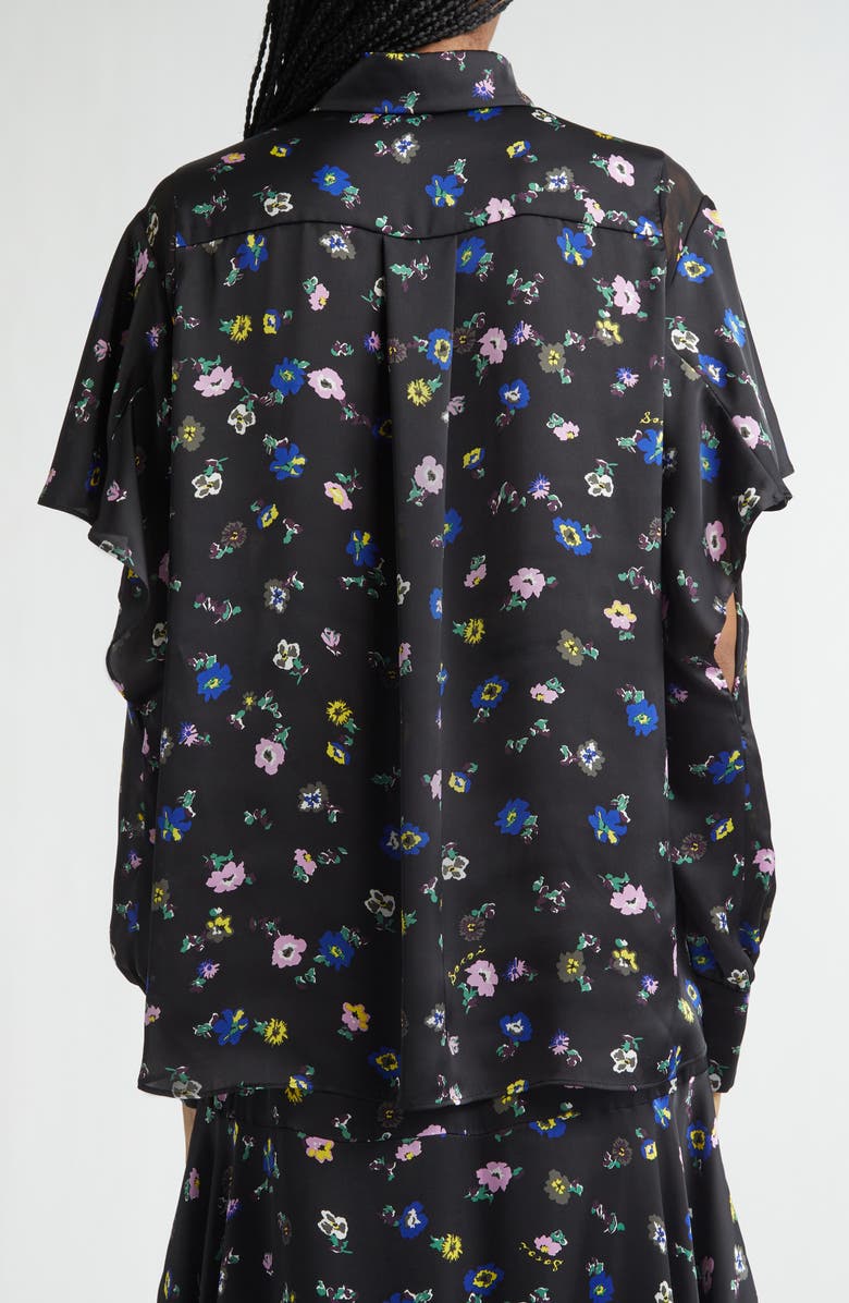 Sacai Floral Print Ruffle Button-Up Shirt, Alternate, color, Black