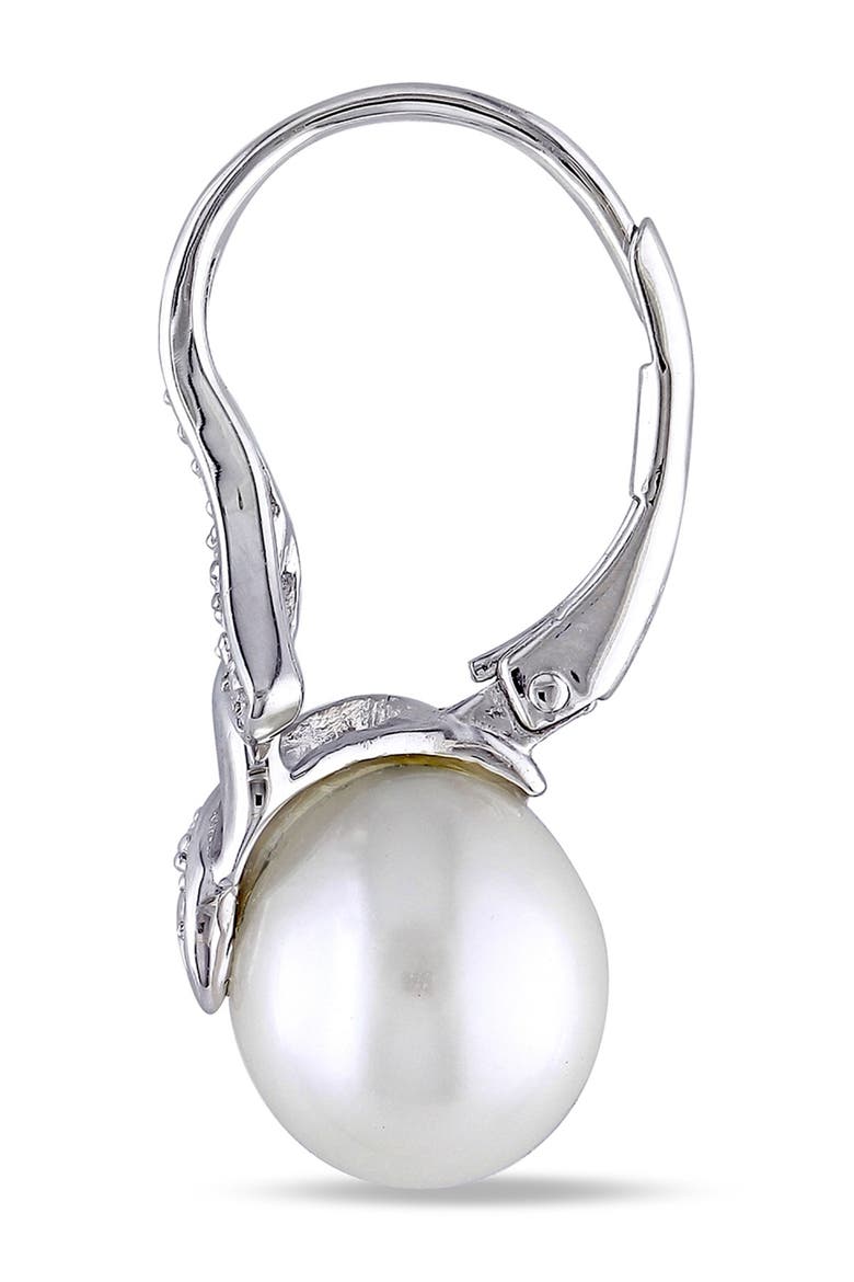 Sterling Silver Diamond & 9.2mm Freshwater Pearl Earrings, Alternate, color, white