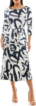Nina Leonard Crewneck Three-Quarter Sleeve Midi Dress