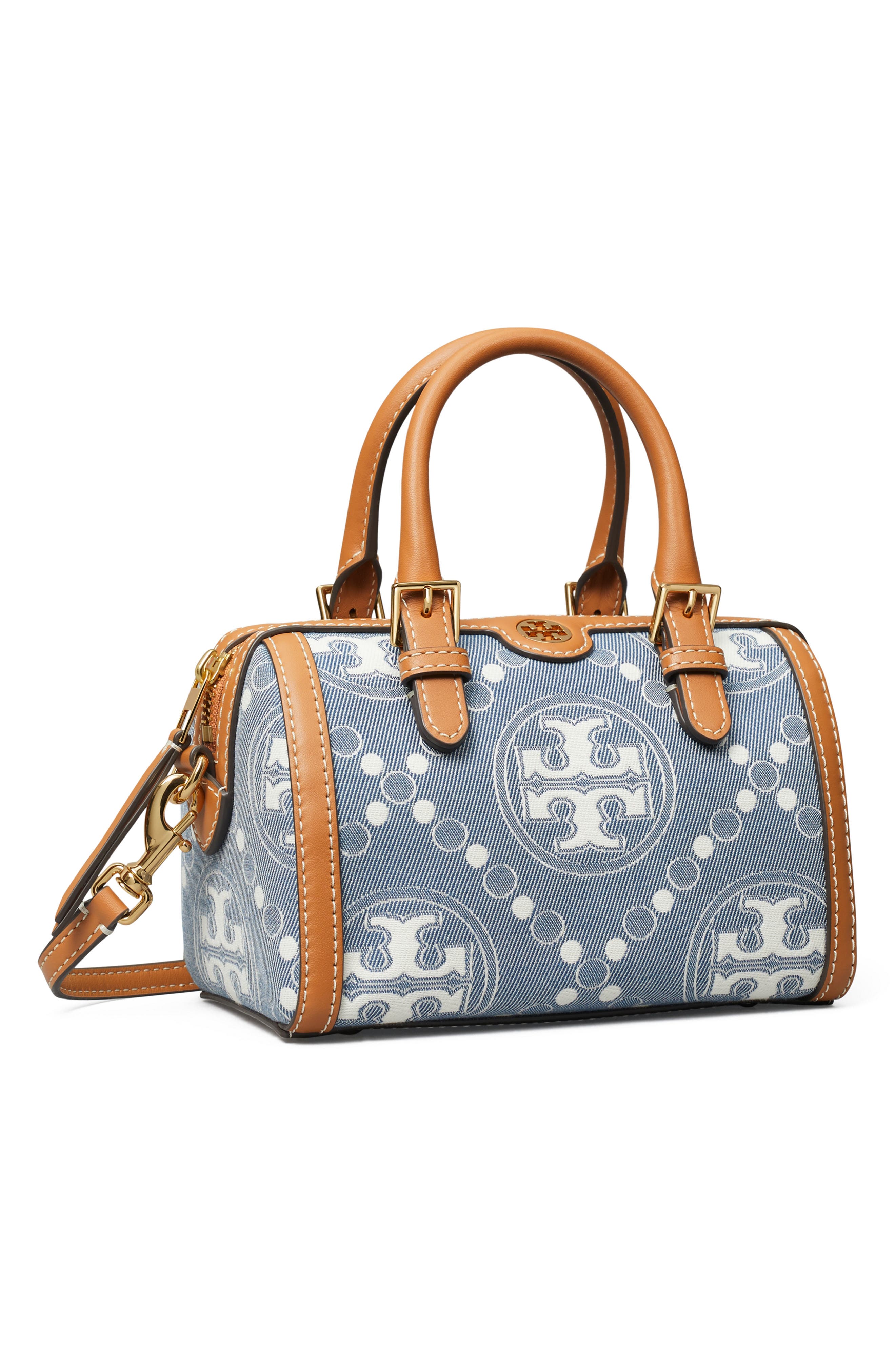 Tory Burch Petite T Monogram Denim Barrel Bag, Alternate, color, 