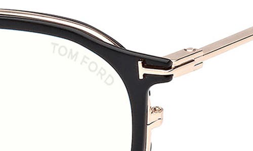 Tom Ford 50mm Round Blue Light Blocking Glasses In Black/rose Gold/havana