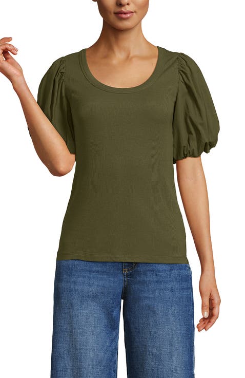 Drapey Rib Puff Sleeve Scoop Neck Top