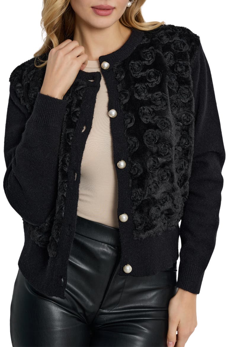 Flower Faux Fur Velour Cardigan, Main, color, BLACK
