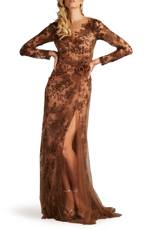 Embroidered Sequin Lace Long Sleeve Gown