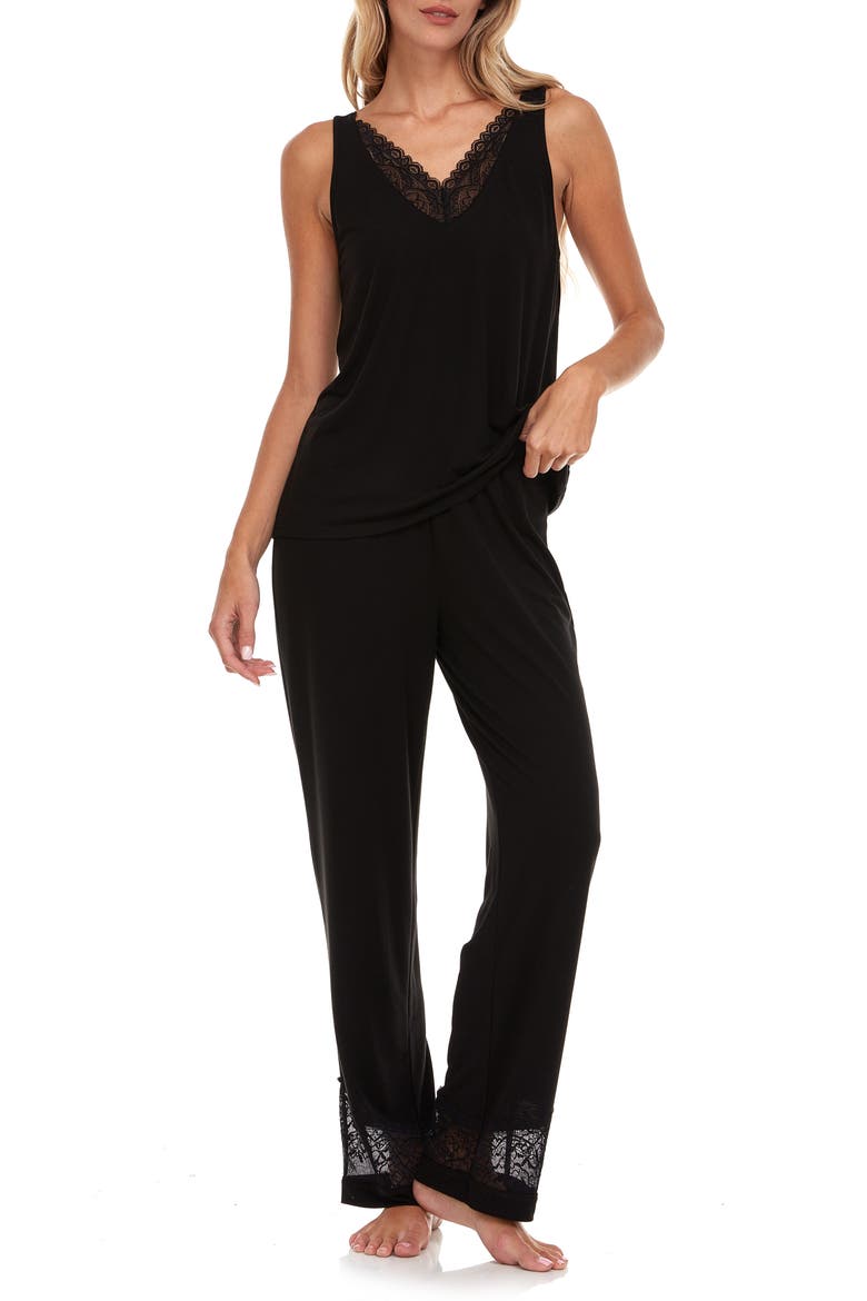 Franny Lace Trim Tank & Pants Pajamas, Main, color, BLACK