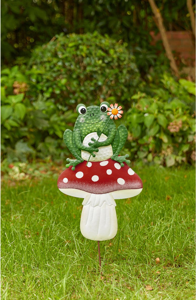 Glitzhome 30"H Multi-functional 2-in-1  Metal Stacked Mushroom and Frog Garden Yardstake Wall Decor, Alternate, color, Green