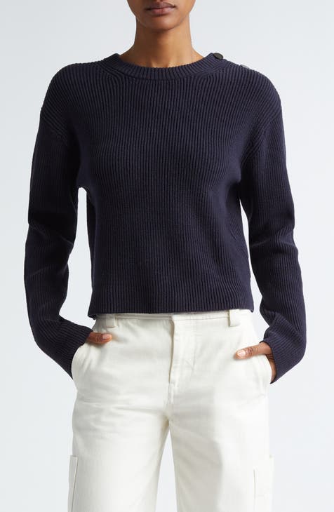 Button Shoulder Cotton Blend Sweater