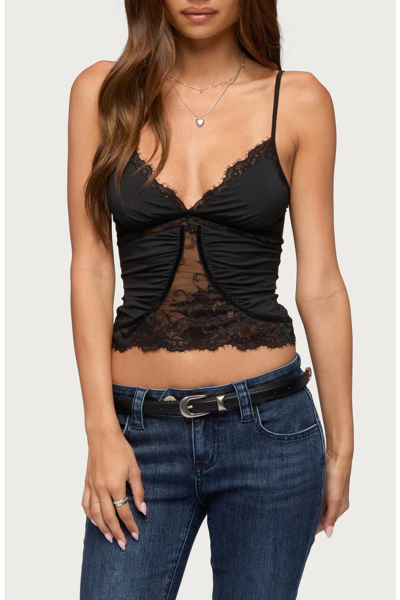 Yanny Lace Trim Satin Camisole, Main, color, BLACK