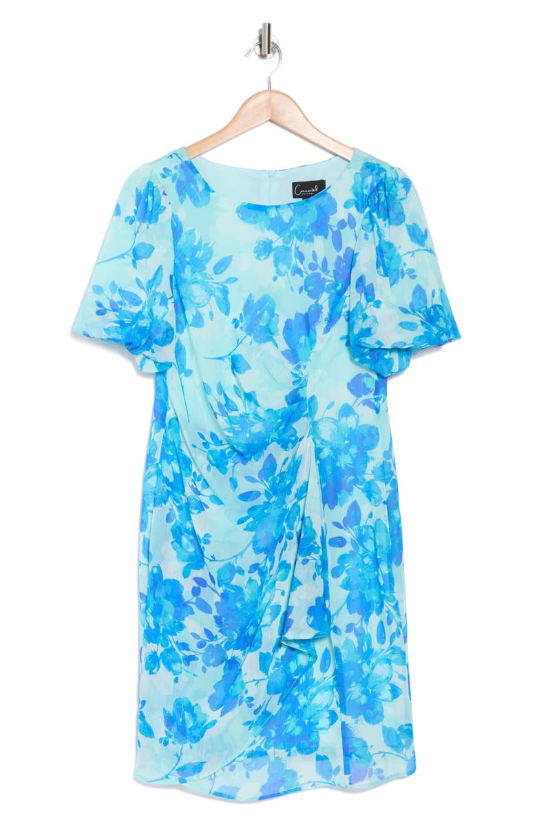 Connected Apparel Bubble Sleeve Faux Wrap Dress, Alternate, color, Turquoise