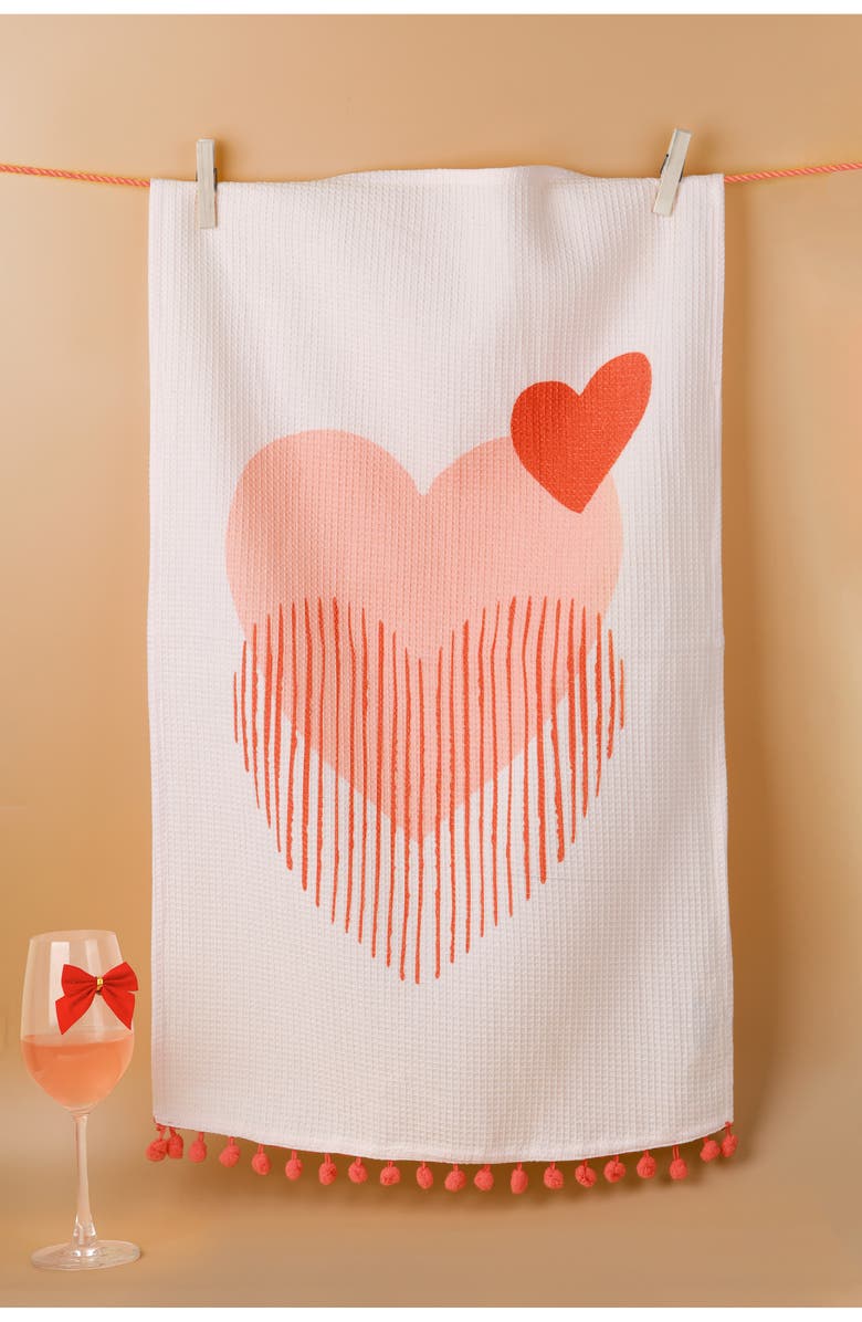 Tiramisu Modern Heart Set of 3 Kitchen Towels, Alternate, color, Red/ Coral/ Pink/ White