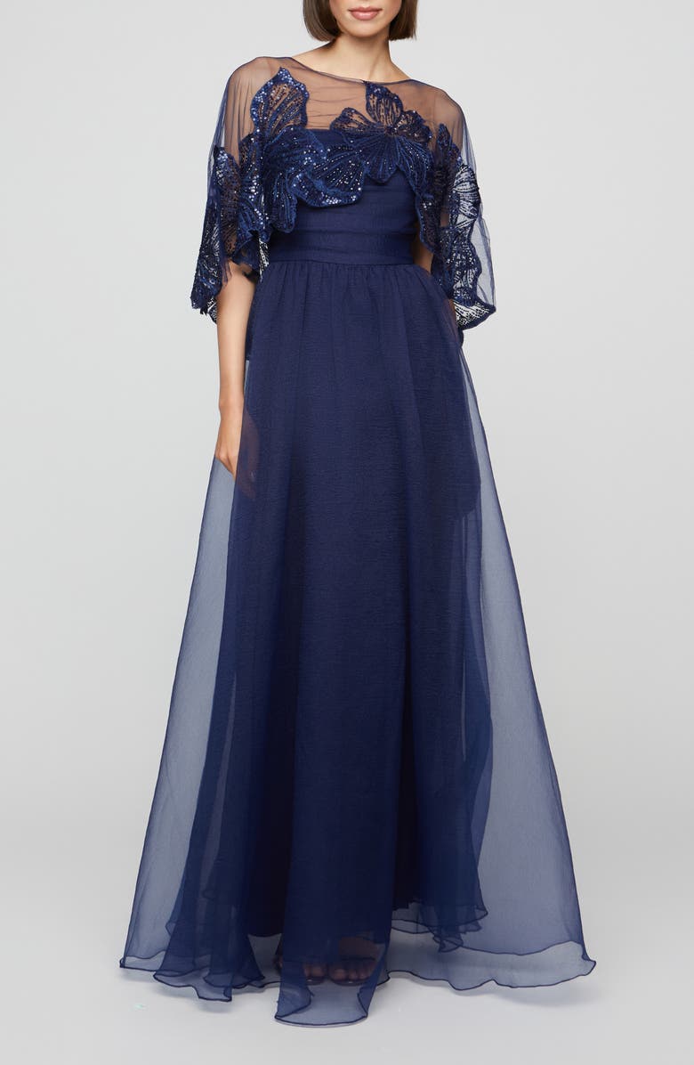 Theia Ginny Beaded Embroidered Capelet Gown, Main, color, 