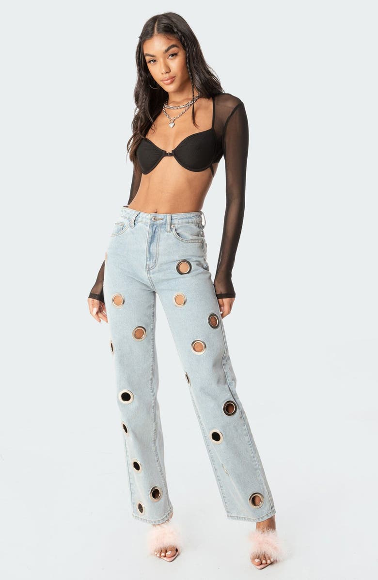 EDIKTED Lin Mesh Long Sleeve Bra Top, Alternate, color, Black