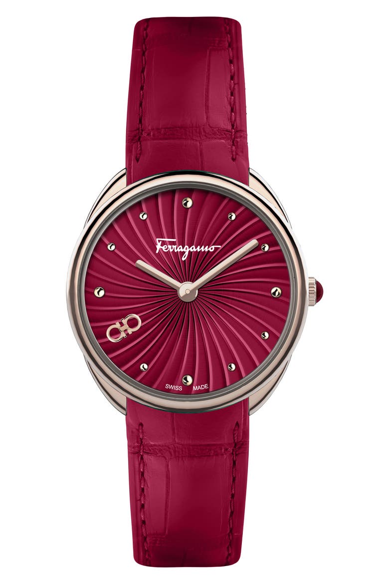 Women's Guilloché Dial Embossed Leather Strap Watch, 34mm, Main, color, ROSEGOLD