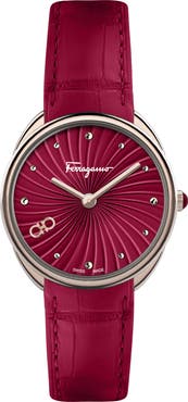 FERRAGAMO Women's Guilloché Dial Embossed Leather Strap Watch, 34mm