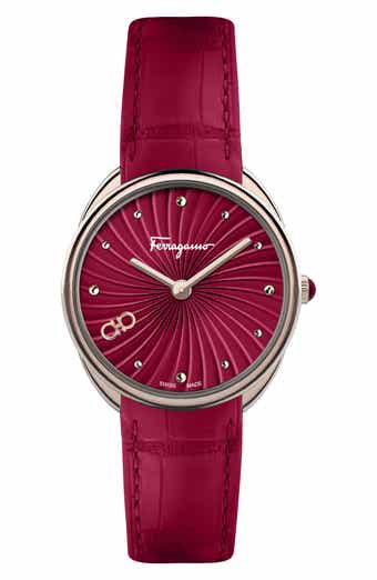 FERRAGAMO Women's Guilloché Dial Embossed Leather Strap Watch, 34mm