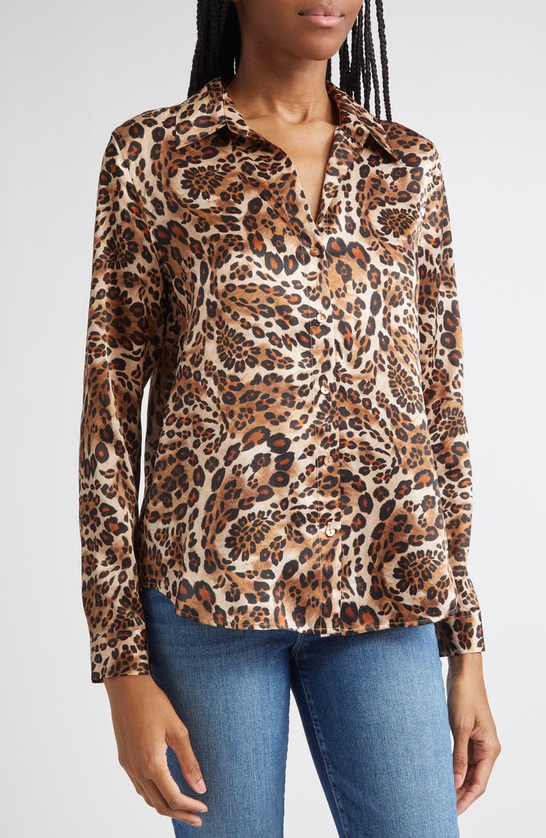 L'AGENCE Tyler Leopard Print Silk Button-Up Shirt, Alternate, color, Cinnamon