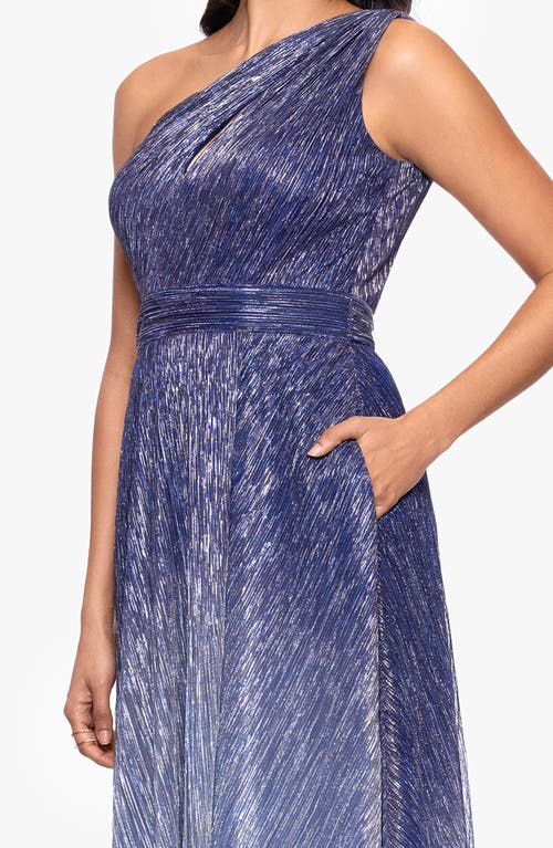 Shop Betsy & Adam Ombré Crinkle Metallic One-shoulder Gown In Navy/peri