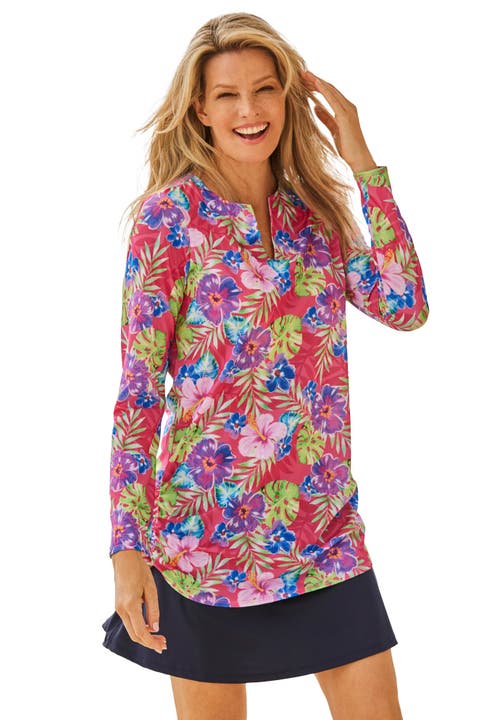 Swim 365 Split-neck Long Sleeve Swim Tee With Built-in Bra In Multi