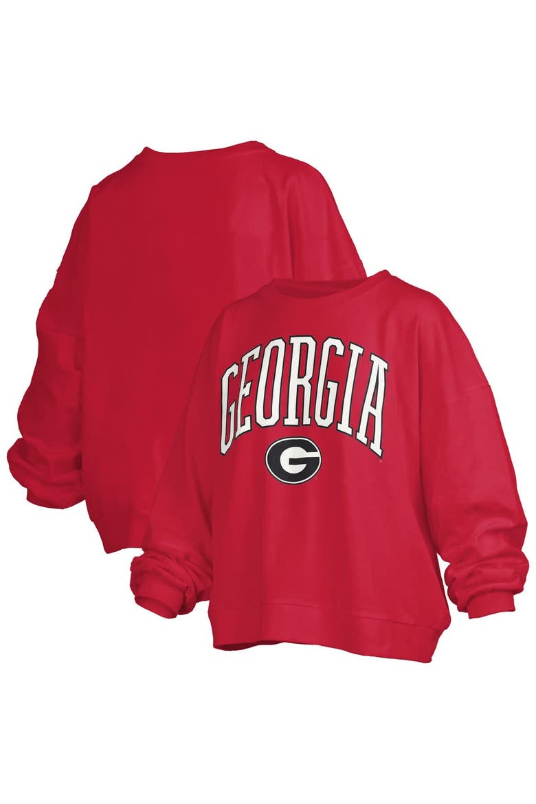 Women's Pressbox Red Georgia Bulldogs Janise Arch Over Logo Waist Length Oversized Pullover Sweatshirt, Main, color, Red