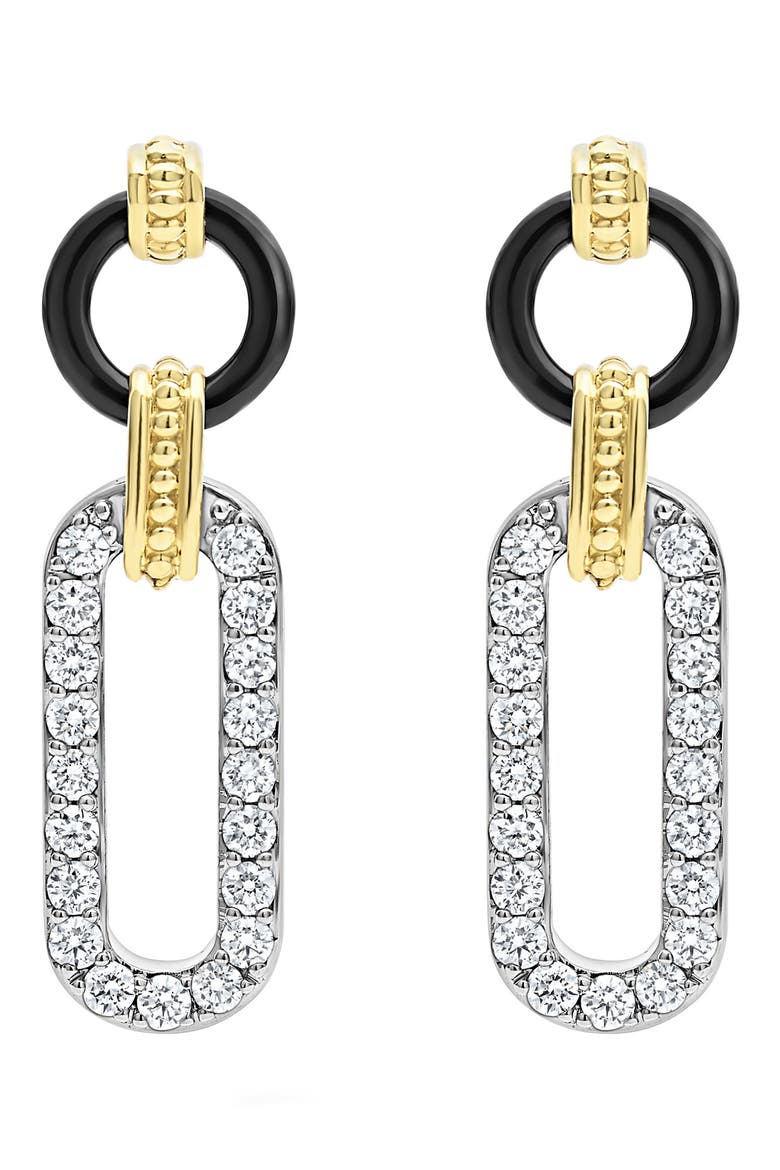 Signature Caviar Diamond & Black Ceramic Link Drop Earrings, Alternate, color, BLACK
