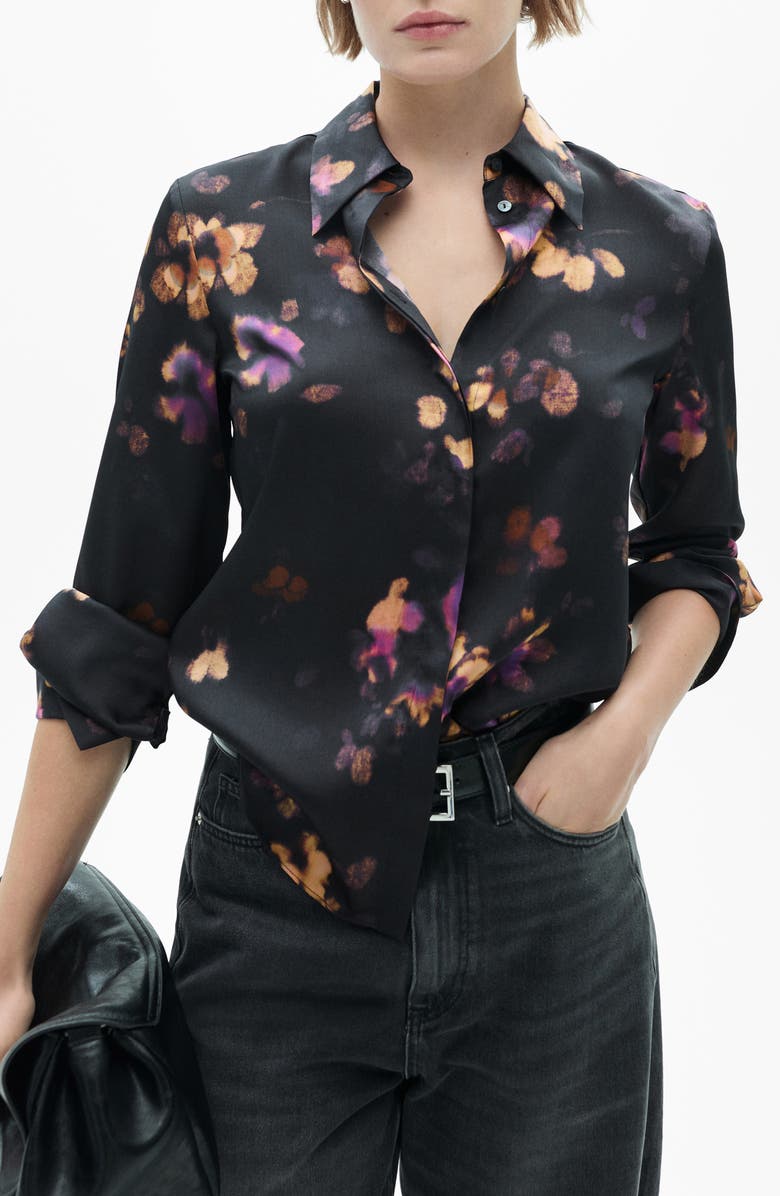 MANGO Abstract Print Satin Button-Up Shirt, Main, color,