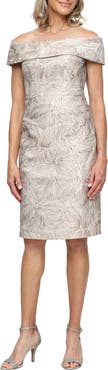 Alex Evenings Floral Jacquard Off the Shoulder Cocktail Dress